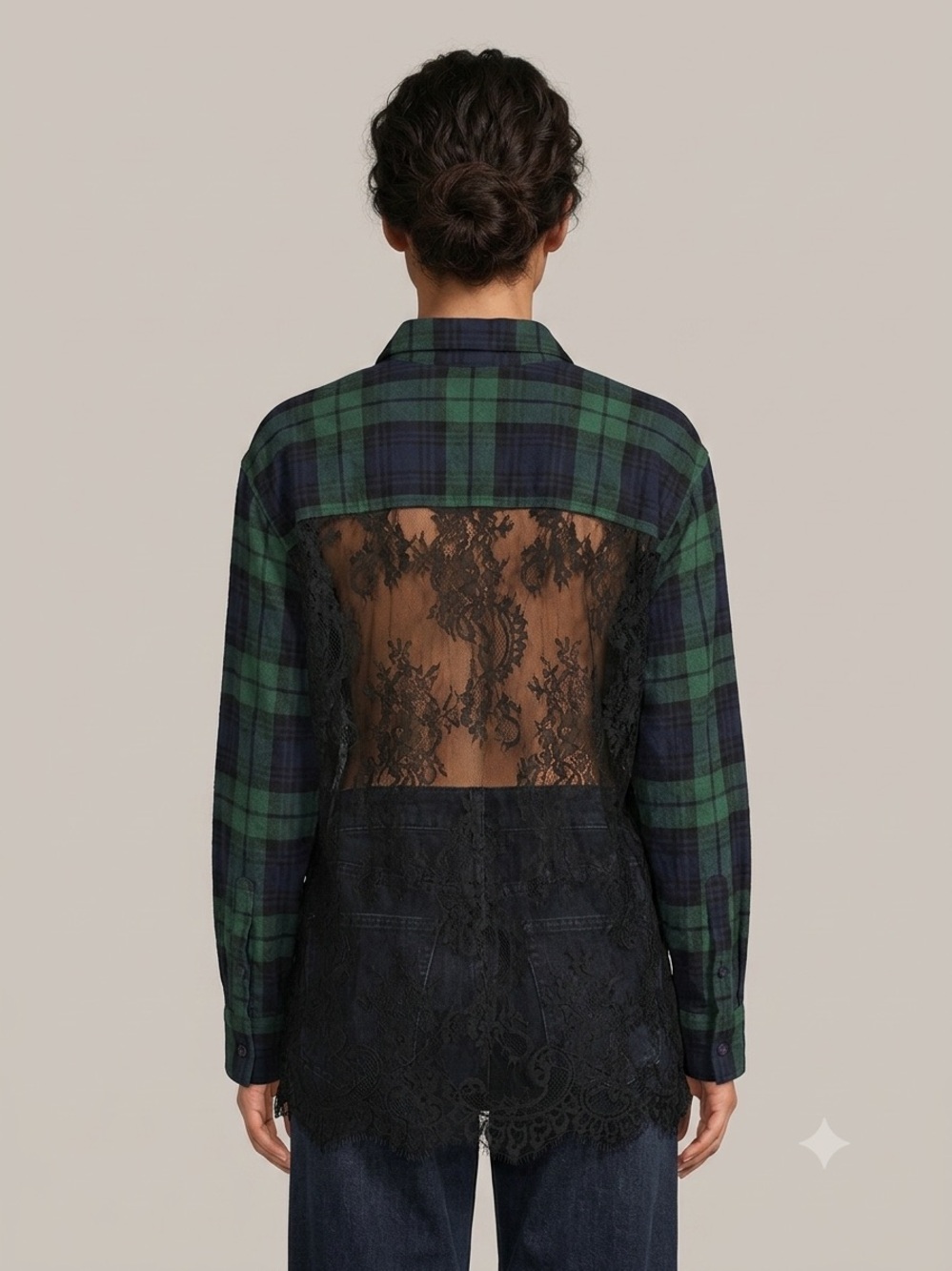 Essentiel Antwerp Sz 10 (40) Plaid Green Black Lace back Button Front Blouse